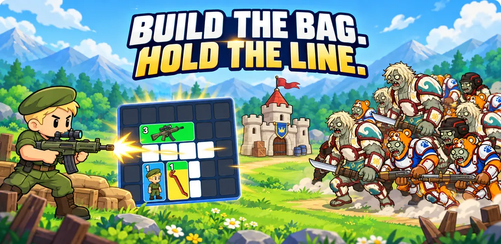 A soldier with a tier 3 rifle defends a castle and a packed bag grid from an evolved zombie army.