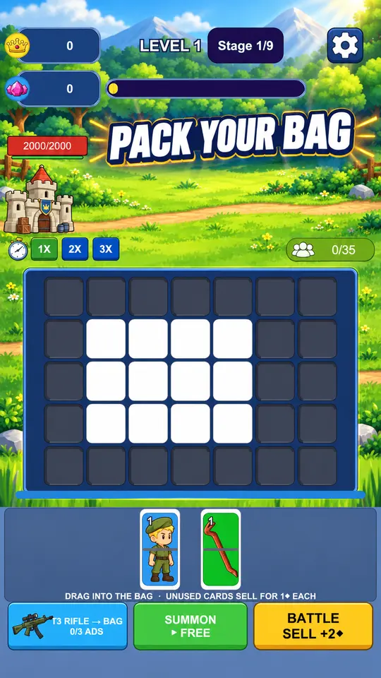 A two-card summon waits below an expandable bag grid before battle.