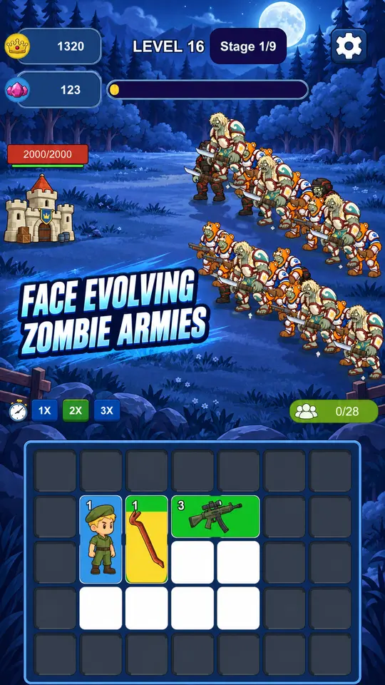 A mixed late-game zombie army advances toward the castle above the equipped bag.