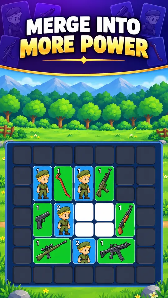 Merged soldiers and weapons fill an expanding bag.