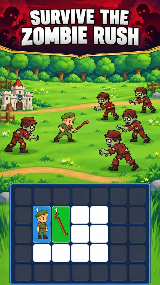 A soldier stands between the castle and an advancing zombie group.