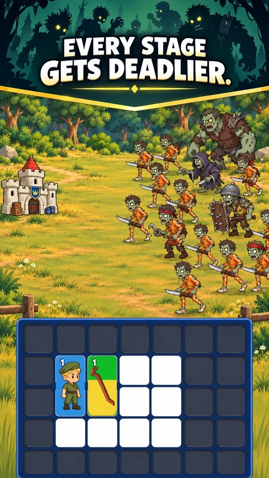 A varied late-stage zombie army advances over a different battlefield.