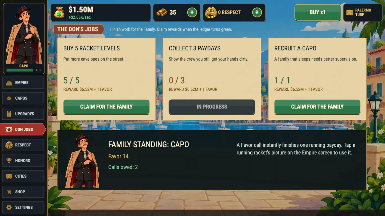 The Don's Jobs screen in Mafia Money shows three job cards with cash rewards and the player's Family standing.