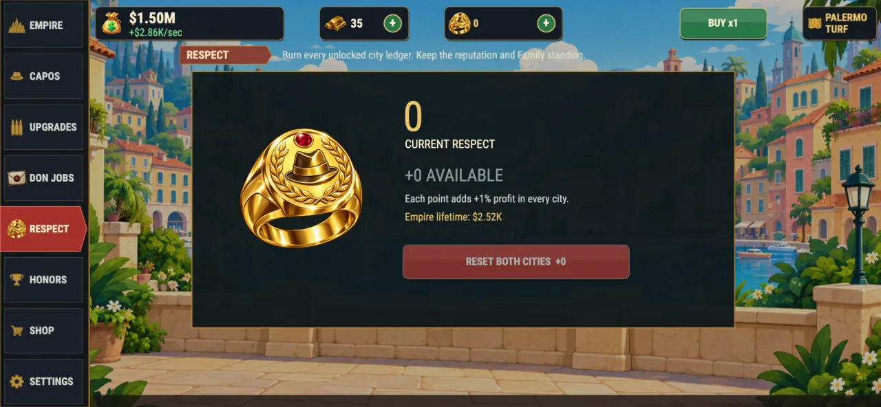The Respect screen in Mafia Money shows a gold ring, the player's current Respect and a button to reset both cities.
